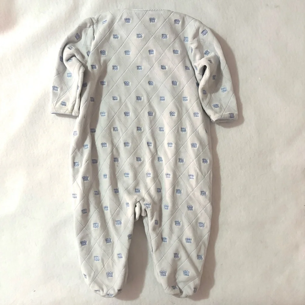 Vintage Kids Baby Boy Blue Embroidered Train Car Velvet Footie Sleeper Size 9M